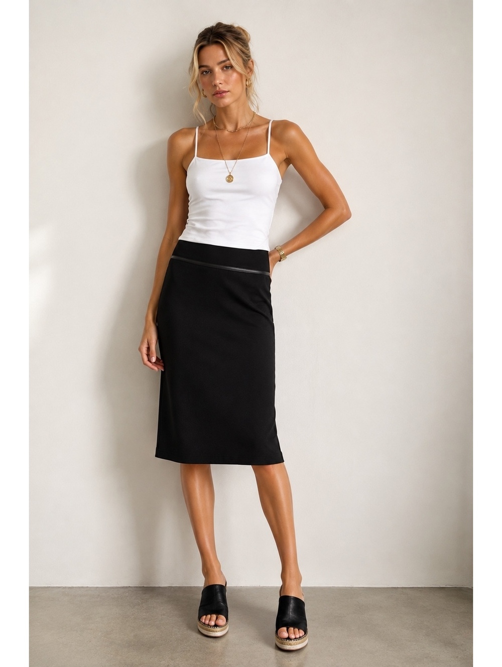 Vintage Bebe Black Pencil Skirt Leather trimUSA Made | Size 2